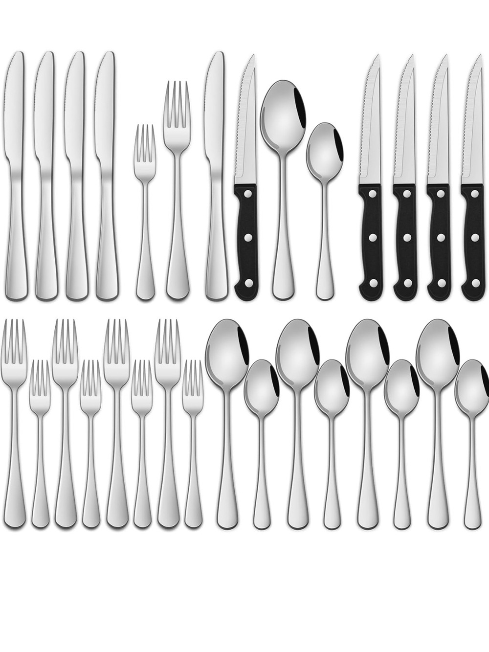 Stainless Steel 25-Piece Flatware Set with Black Steak Knives - Home Dining